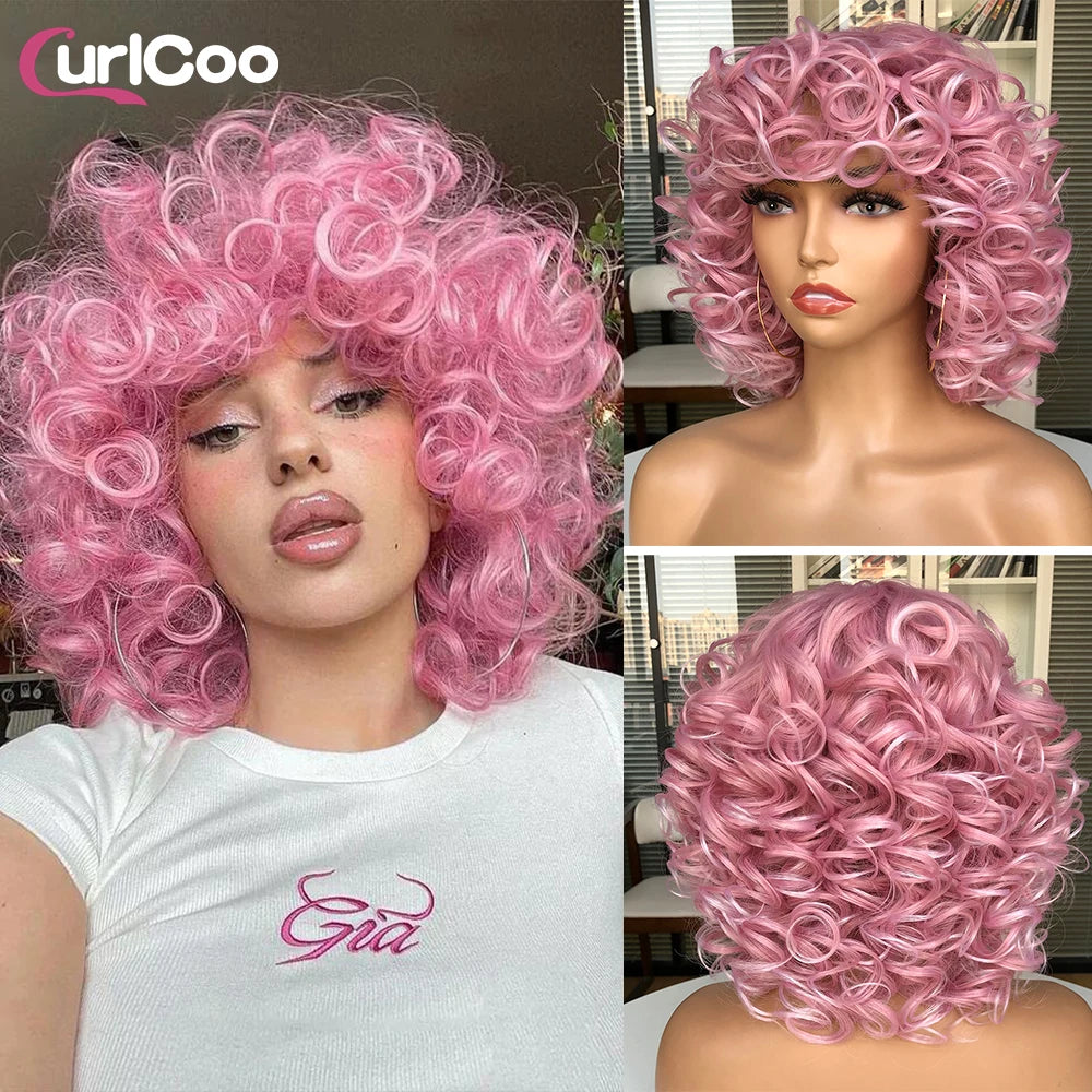 Big Bouncy Fluffy Curly Synthetic Wigs With Bangs - Various Colors Available