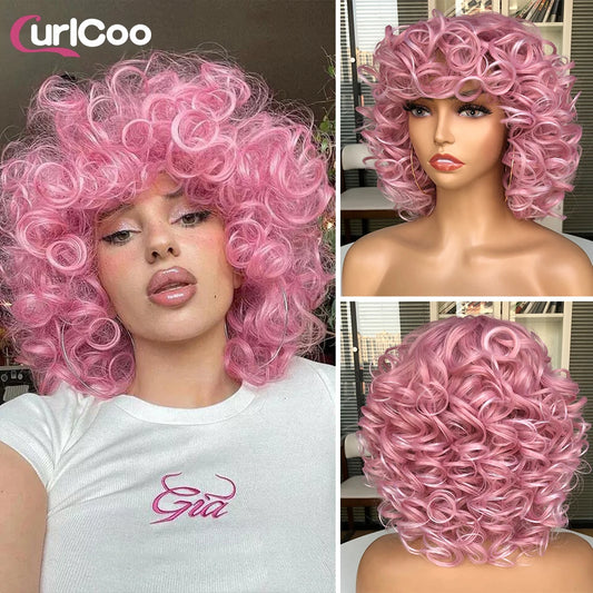 Big Bouncy Fluffy Curly Synthetic Wigs With Bangs - Various Colors Available