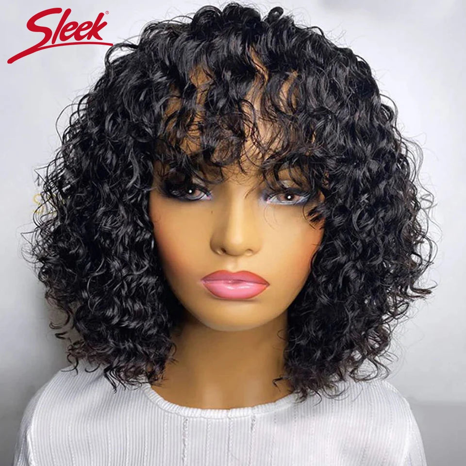 Curly Wave Short Pixie Bob Cut With Bangs Human Hair Glueless Wigs -Various Colors Available
