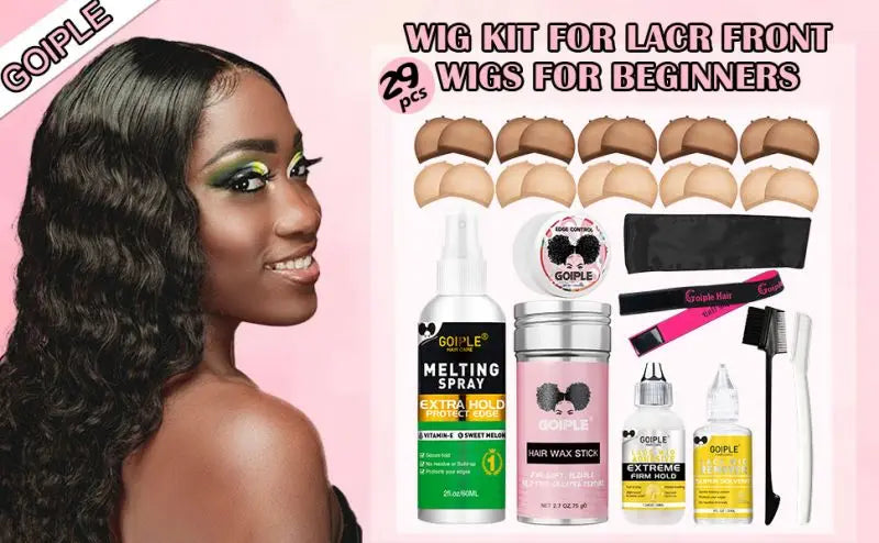 Lace Front Styling Kit - Melting Spray, Invisible Wig Glue (Waterproof) & Remover, Edge Control Gel Wax Stick and Wig Caps