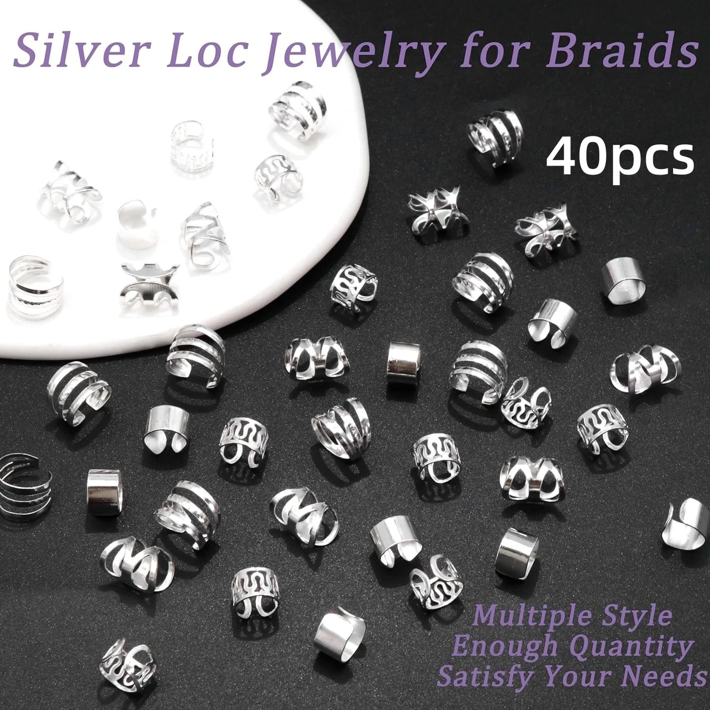 40PCS Gold and Silver Hair Cuffs Multi Style Rings Adjustable Hair Beads
