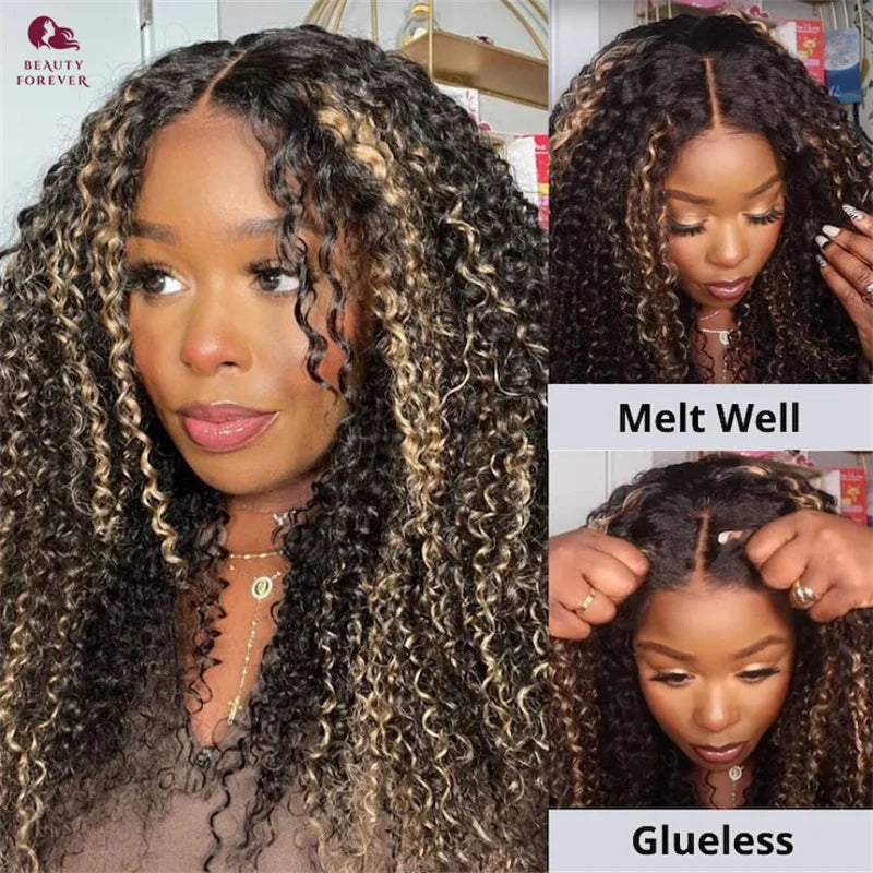 Bye Bye Knots Curly Lace Front Glueless Ready to Wear - Highlights Color Human Hair Wig