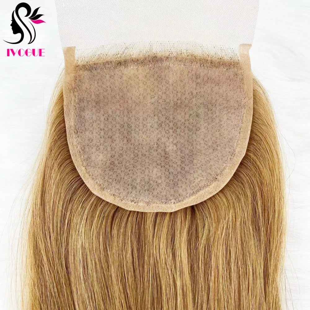 Golden Blonde #27 Human Hair Skin Base Silicone Silk Top Lace Closure Pre Plucked with Baby Hair & Free Part