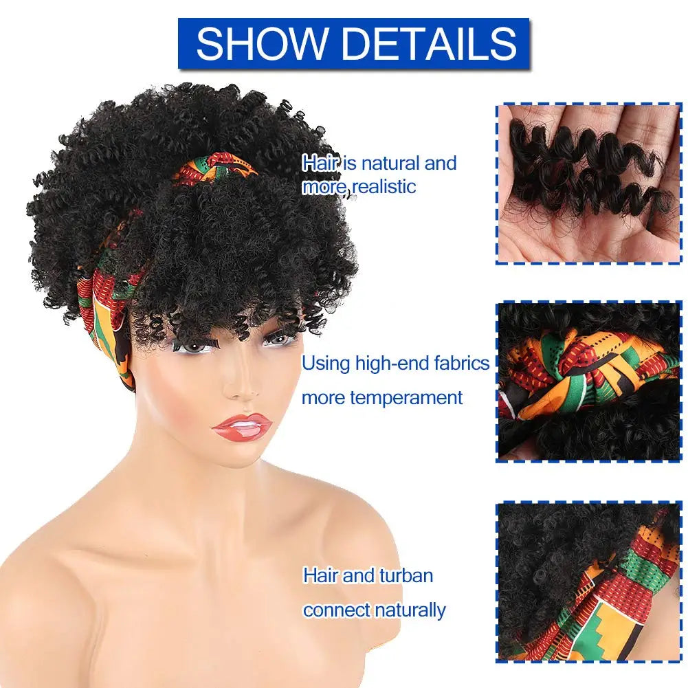 Short Afro Kinky Curly Headband Synthetic Wigs