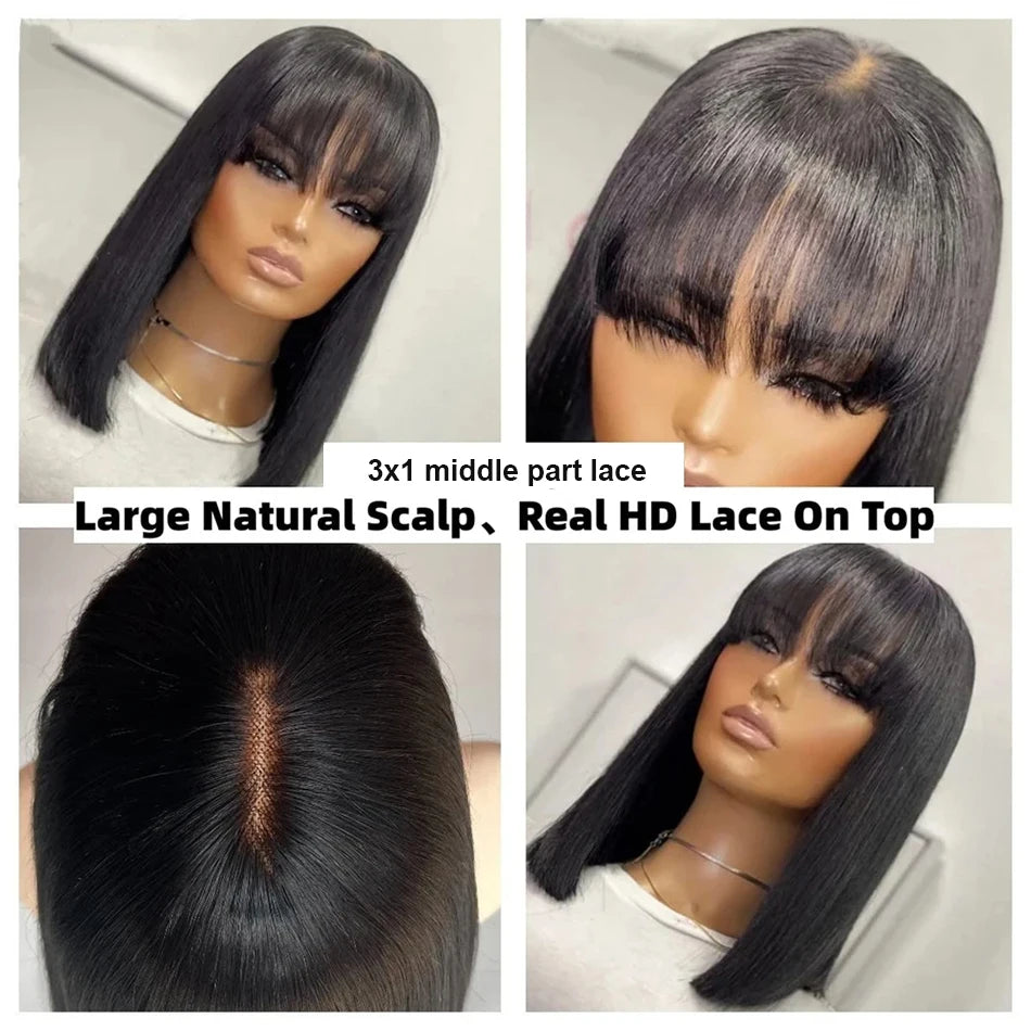 Wiggogo Bone Straight Bob With Bangs - Middle Part Lace Human Hair Wig