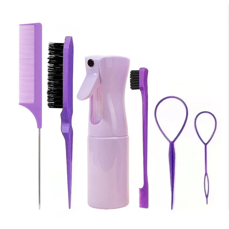 6PC Hair Brush Set - Includes Spray Bottle, 2 Hair Braiding Loops, Rat Tail Comb, Teasing Hair Brush & Edge Control Brush