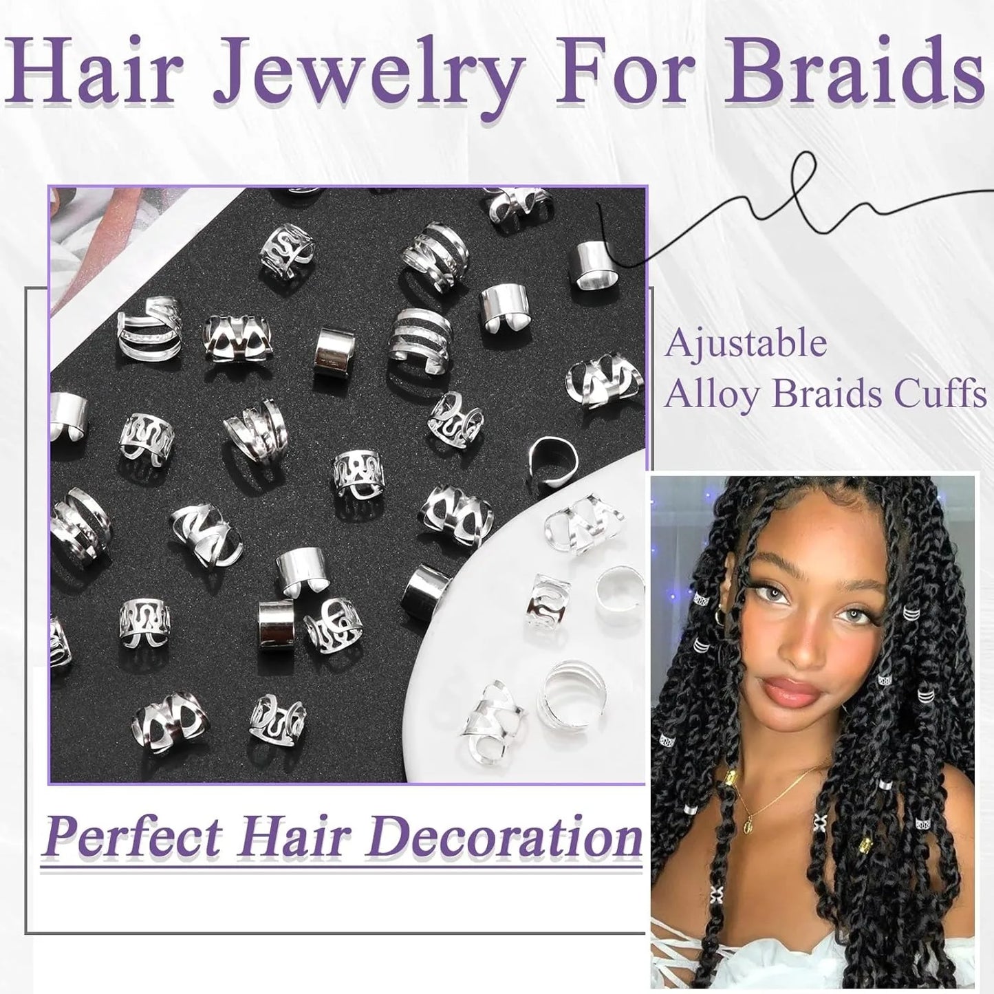 40PCS Gold and Silver Hair Cuffs Multi Style Rings Adjustable Hair Beads