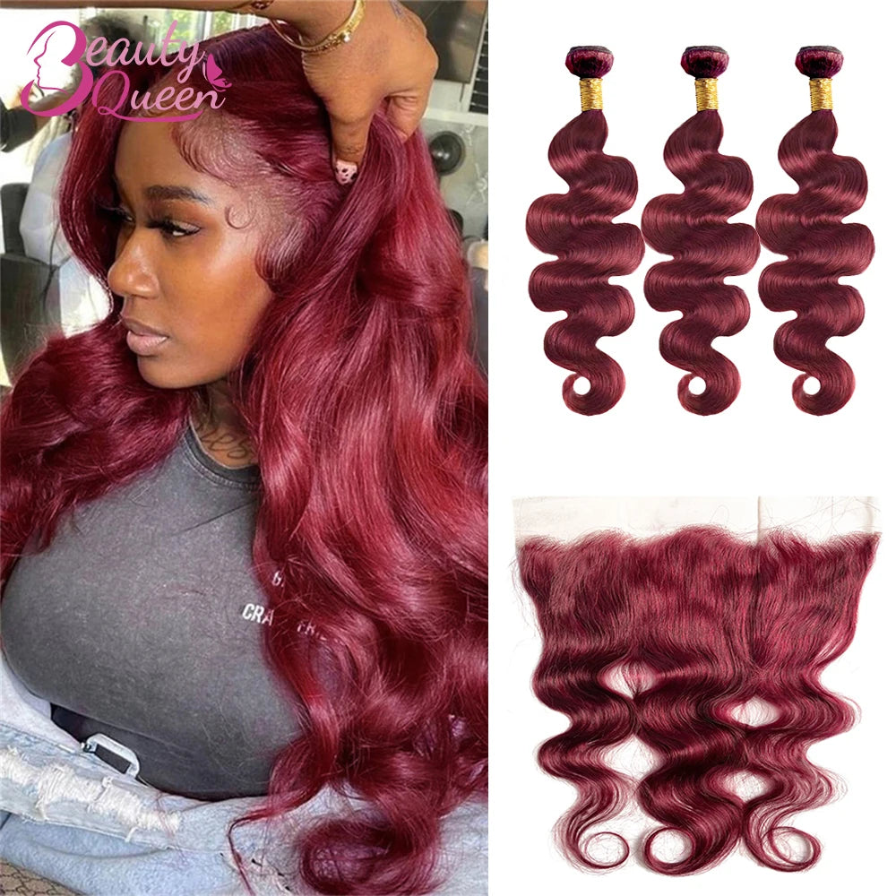 Burgundy Body Wave Bundles With Frontal 13x4 Lace 100% Human Hair Bundles With Closure