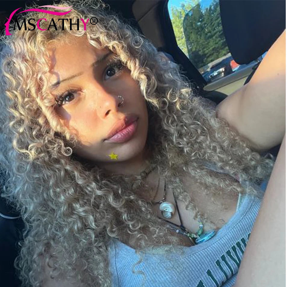 Kinky Curly Ash Blonde  - Transparent Lace Frontal Human Hair Wig