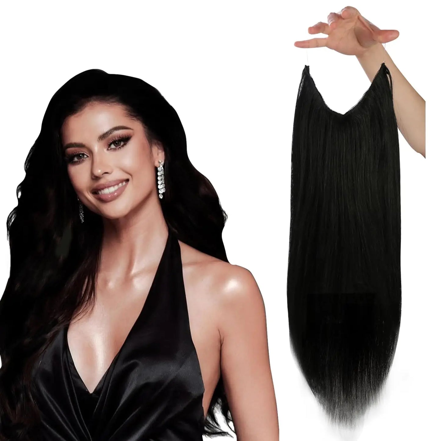 Fish Line Human Hair Extension - One Piece Invisible Wire Hair Weft with 2 Clips