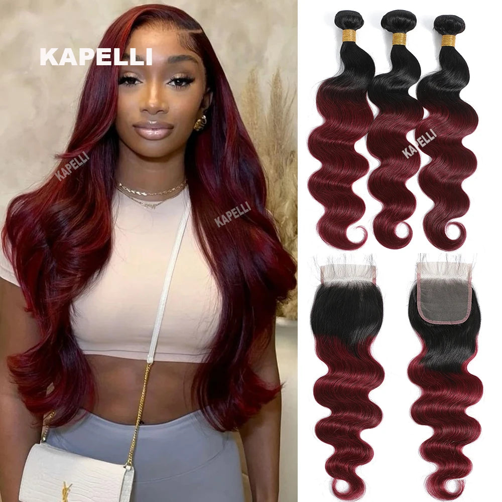 1B99J Body Wave Bundles With Closure Brazilian Human Hair