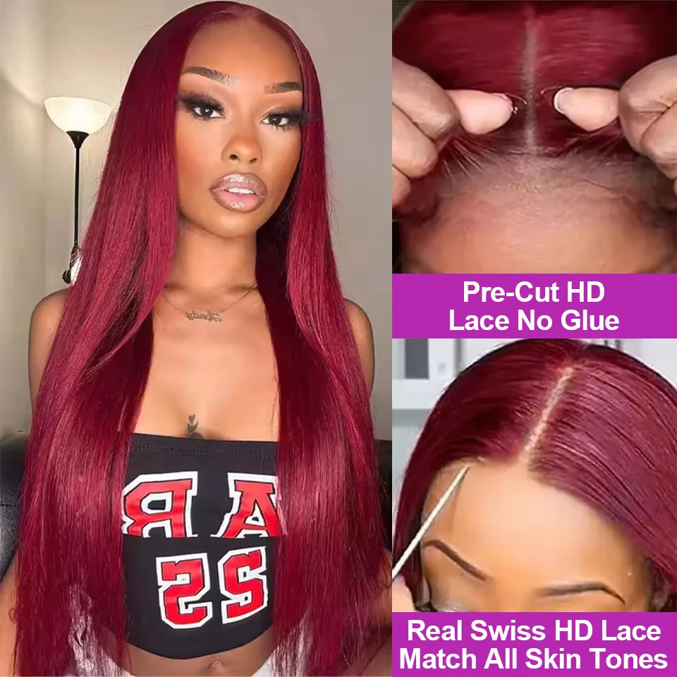 Straight Glueless Burgundy Lace Frontal Ready To Wear - Human Hair