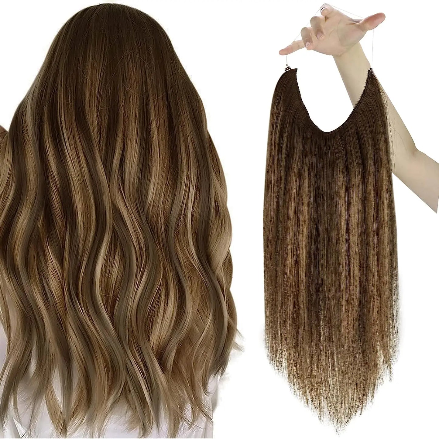 Fish Line Human Hair Extension - One Piece Invisible Wire Hair Weft with 2 Clips