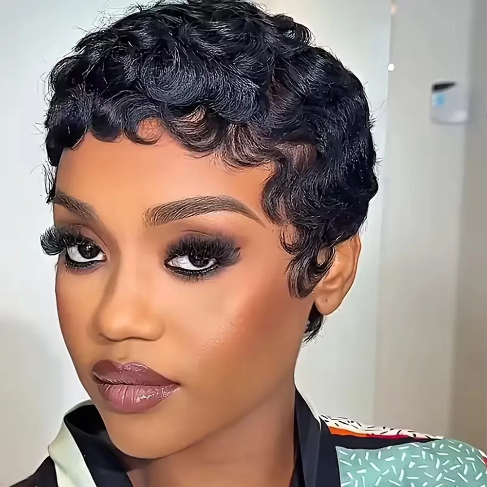 Women's Human Hair Pixie Cut Wig - Short Pin Curls