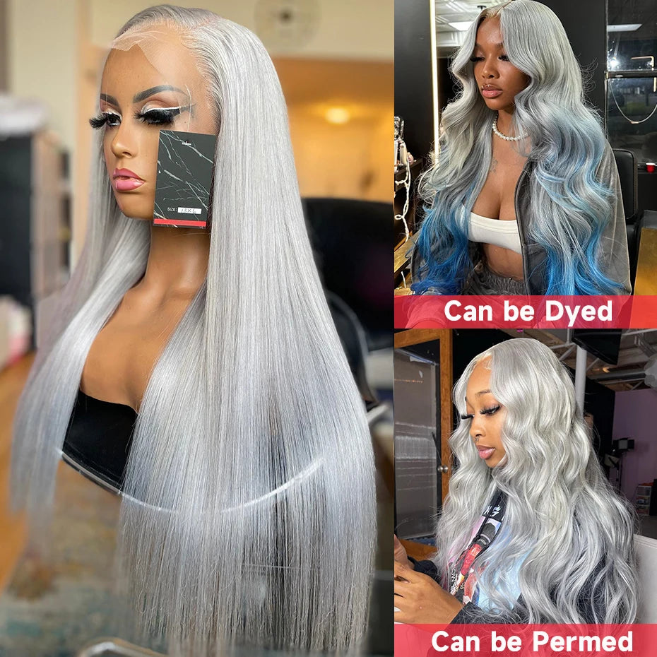 Silver Grey Brazilian Bone Straight or Body Wave - Pre Plucked Lace Front Human Hair Wig