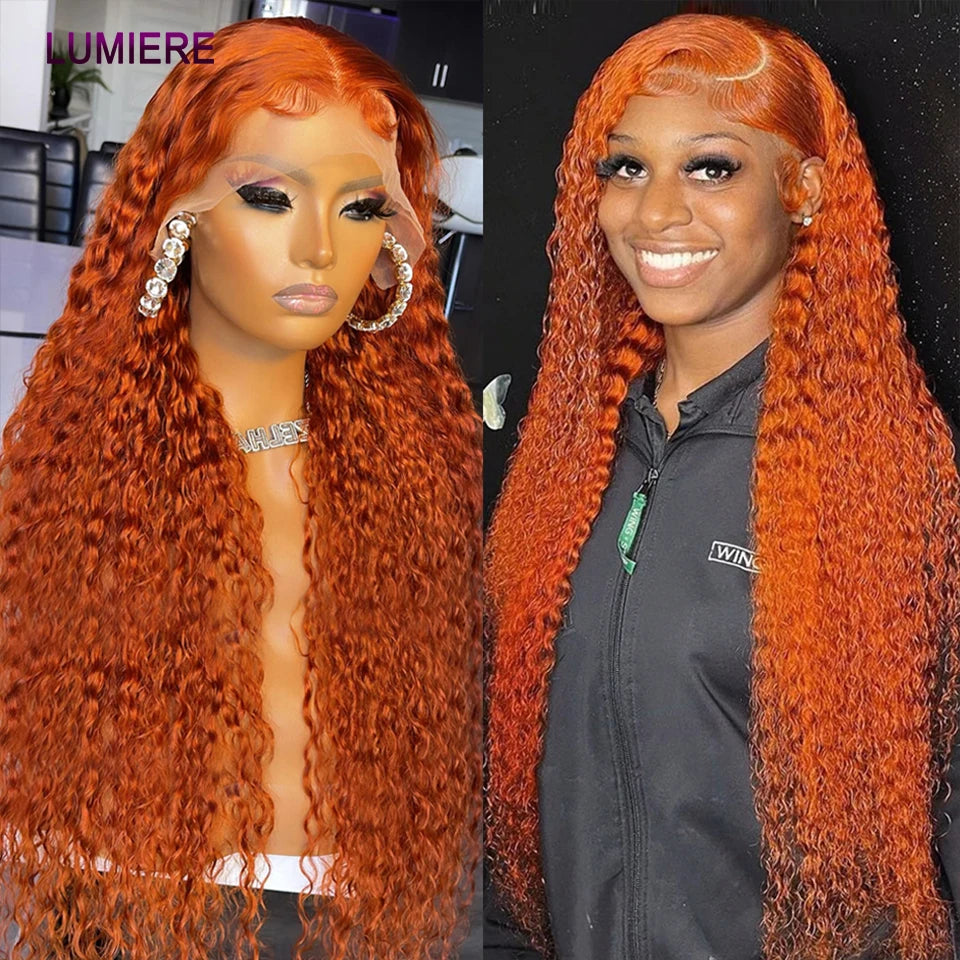 Ginger Orange Deep Water Curly Wave 100% Human Hair Brazilian Transparent Lace Frontal or Closures
