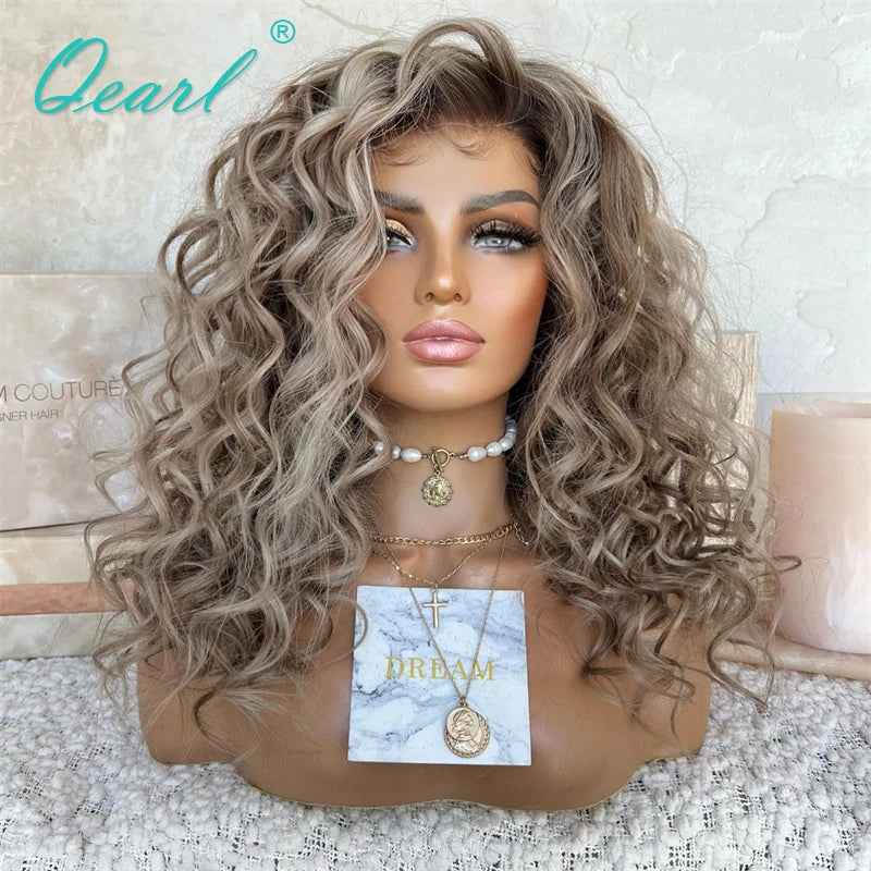 Loose Curly Pre Plucked HD Lace Front Free Parting Ombre Ash Blonde Brown Highlights Wig