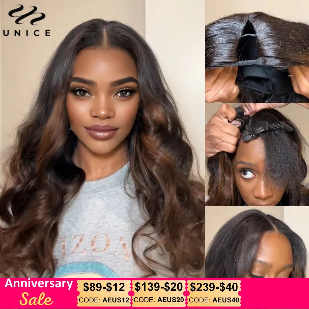 Ombre Body Wave - Human Hair V Shape & U Part Wig No Sew In Clip In Half Wig