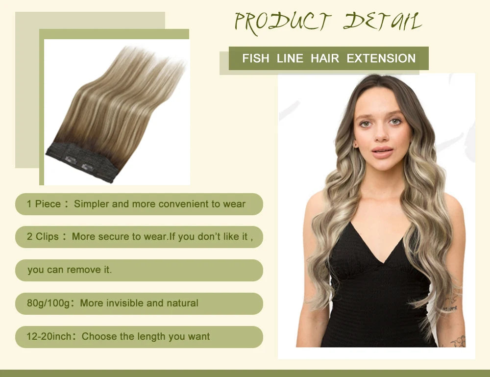 Fish Line Human Hair Extension - One Piece Invisible Wire Hair Weft with 2 Clips