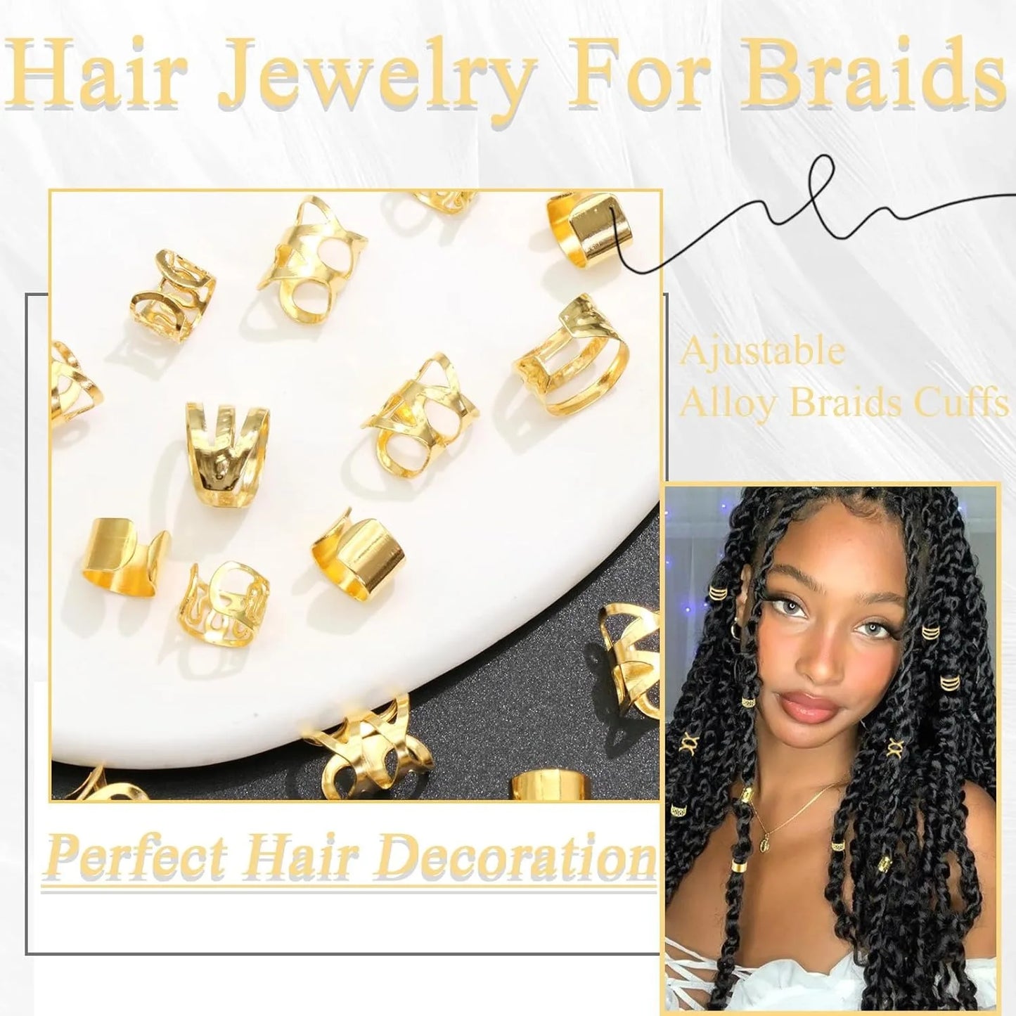 40PCS Gold and Silver Hair Cuffs Multi Style Rings Adjustable Hair Beads