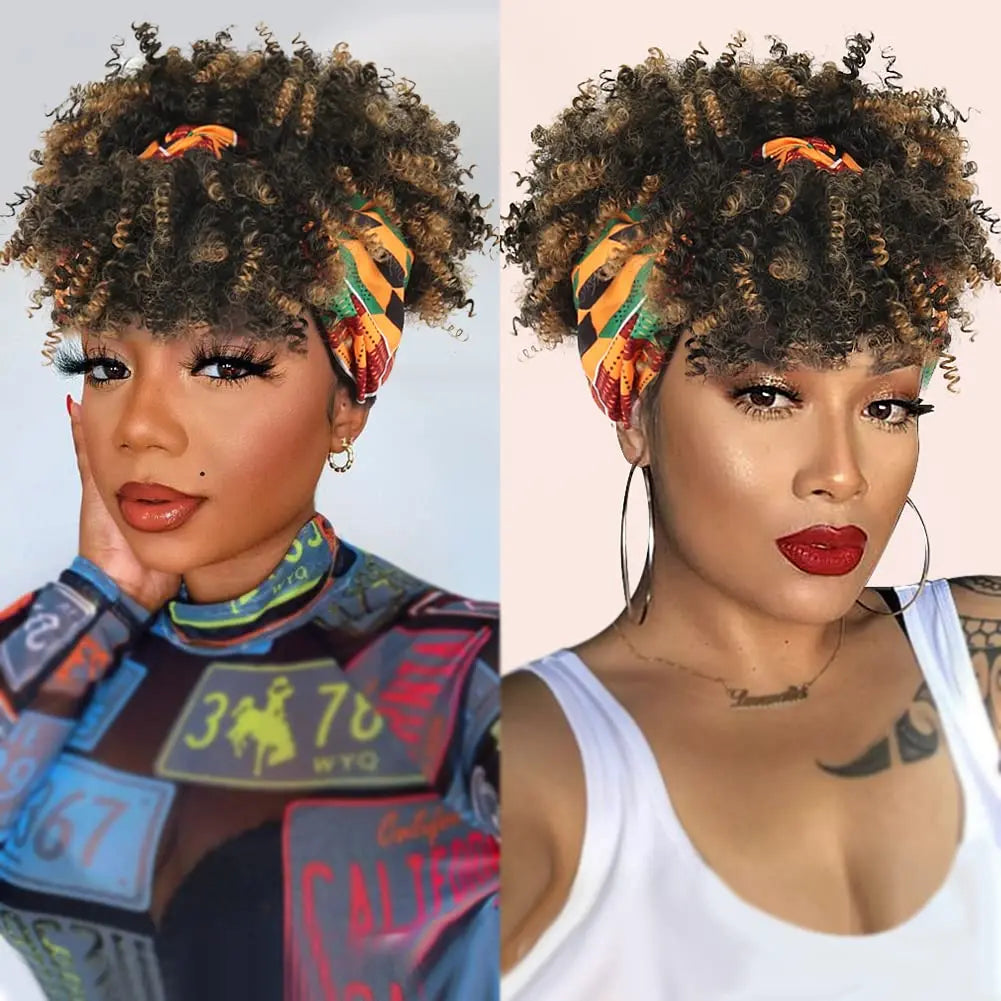 Short Kinky Curly Headband Synthetic Wigs With Bangs - Various Headband and Hair Colors Available