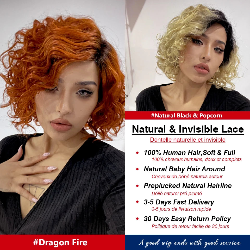 Short Curly Wave Bob Transparent Lace Front Human Hair Wigs - Various Colors Available