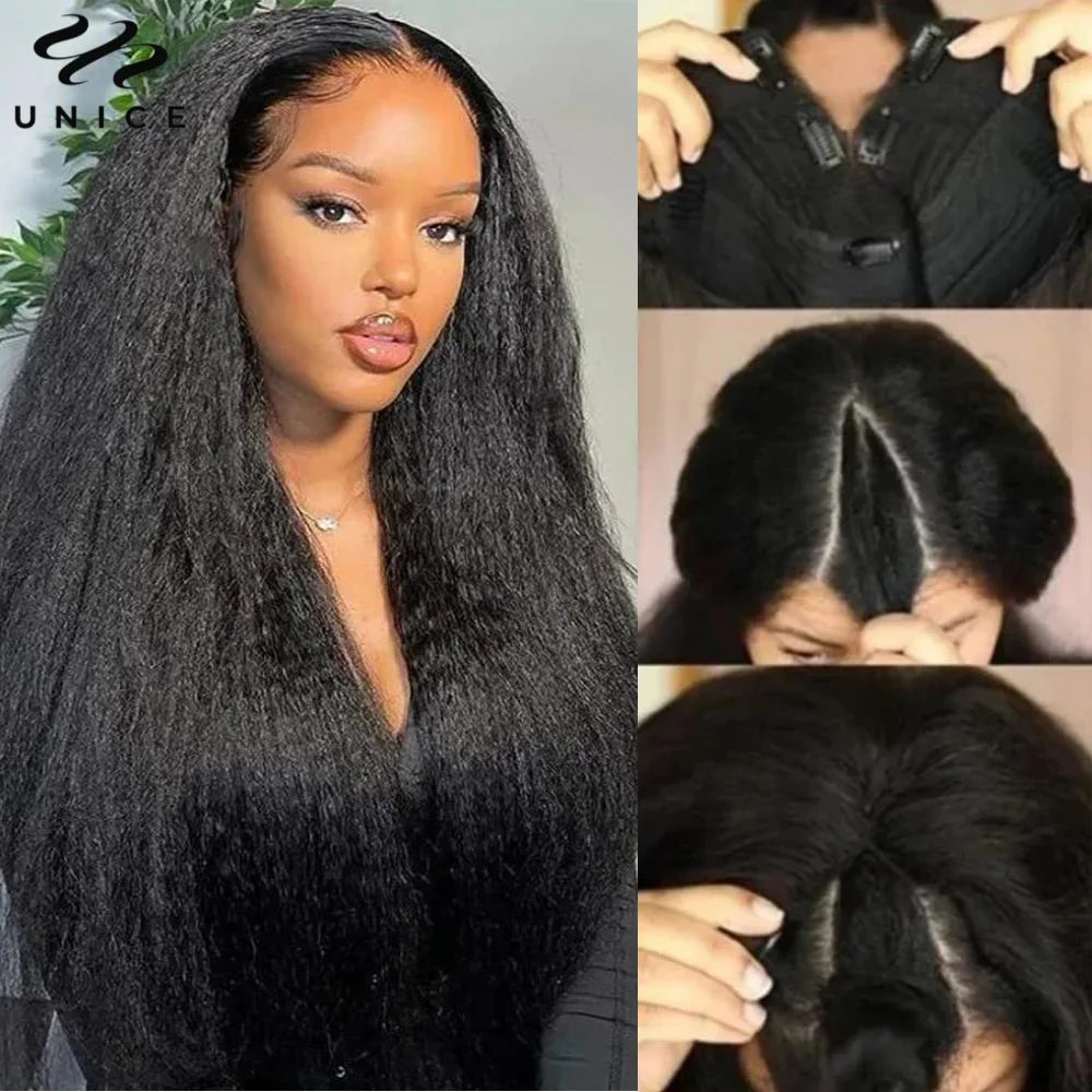 Kinky Straight V & U Part Human Hair Wigs With Drawstring and Minimal Leave Out