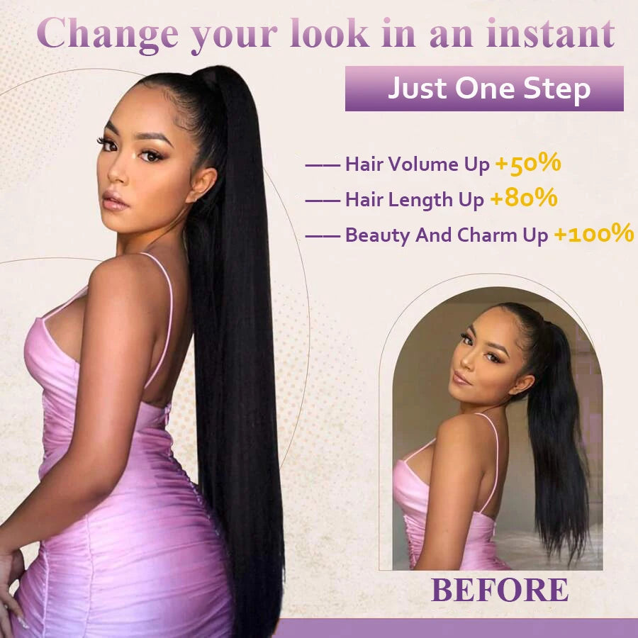 Straight Drawstring Ponytail #4 Medium Brown Color Brazilian Remy Human Hair