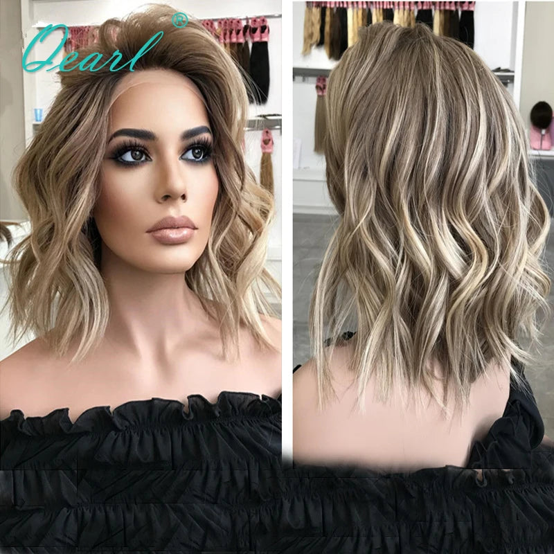 Wavy Bob Ash Brown/Honey Blonde Highlights Lace Frontal Human Hair Wig