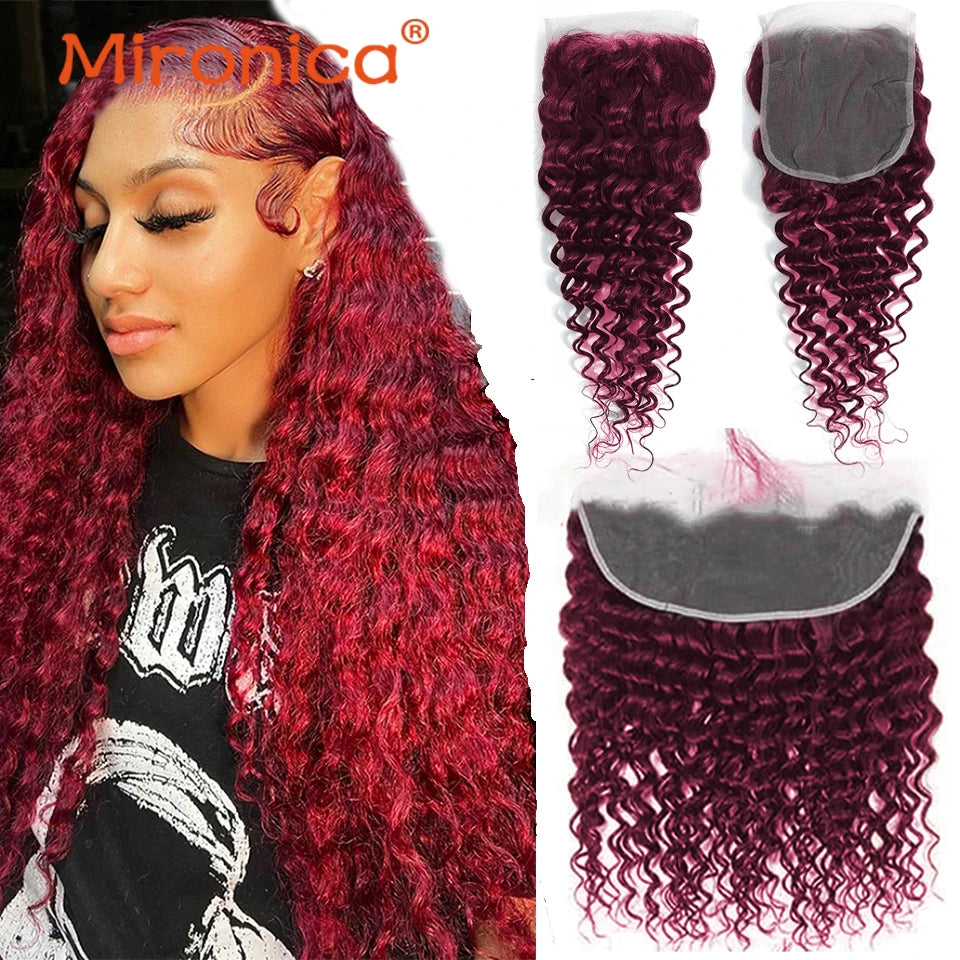 Burgundy Remy Deep Wave Human Hair Closure or HD Lace Frontal Pre Plucked