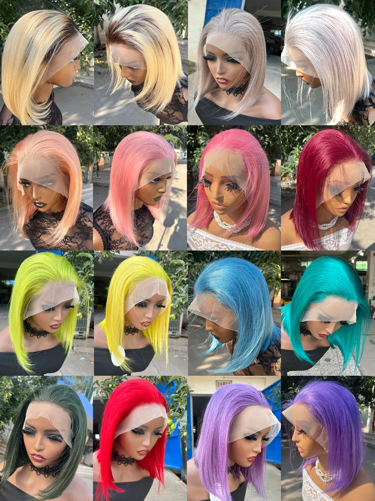 Rose Pink Short Straight Bob Pre Plucked HD Transparent Lace Front Human Hair Wig