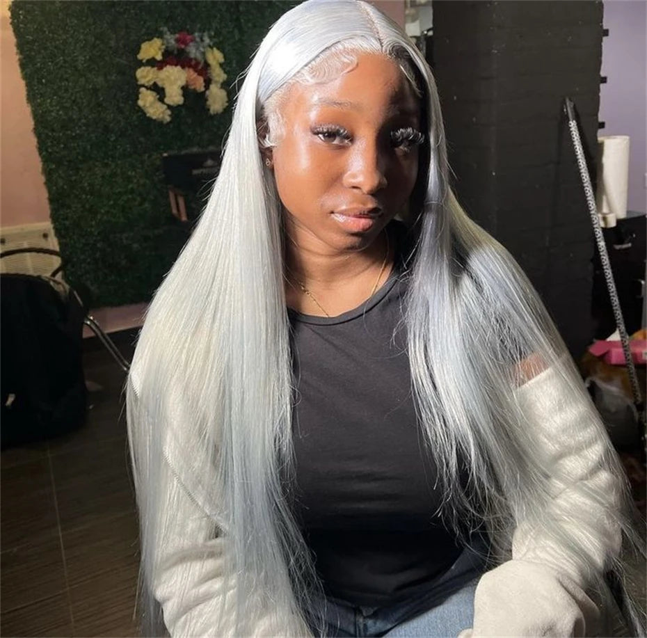 Silver Grey Brazilian Bone Straight or Body Wave - Pre Plucked Lace Front Human Hair Wig