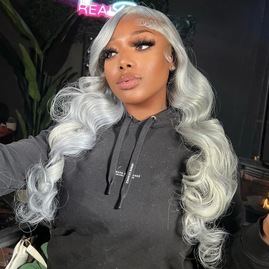Silver Grey Brazilian Bone Straight or Body Wave - Pre Plucked Lace Front Human Hair Wig