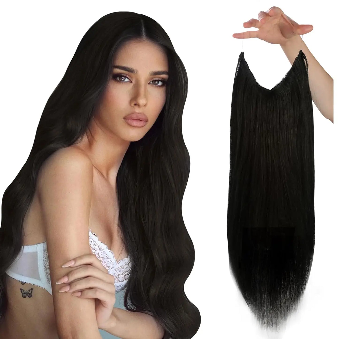 Fish Line Human Hair Extension - One Piece Invisible Wire Hair Weft with 2 Clips