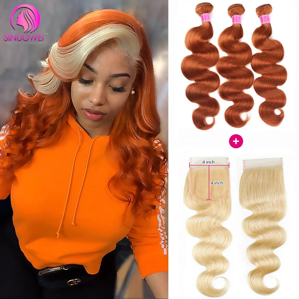 Body Wave Ginger Bundles With Blonde Body Wave Closure  - Human Hair Various Lengths