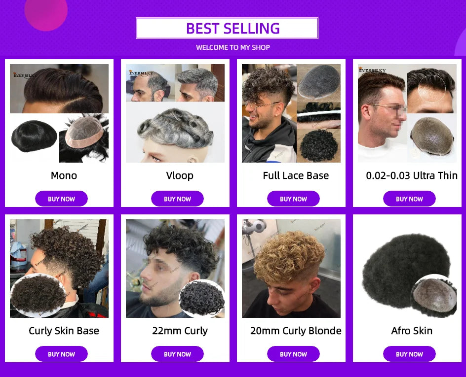 Natural Hairline Hair Replacement System(Toupee) V-loop 0.06-0.08mm PU Base Straight/Wavy - Colors 4, 5 , 6 & 60R Available