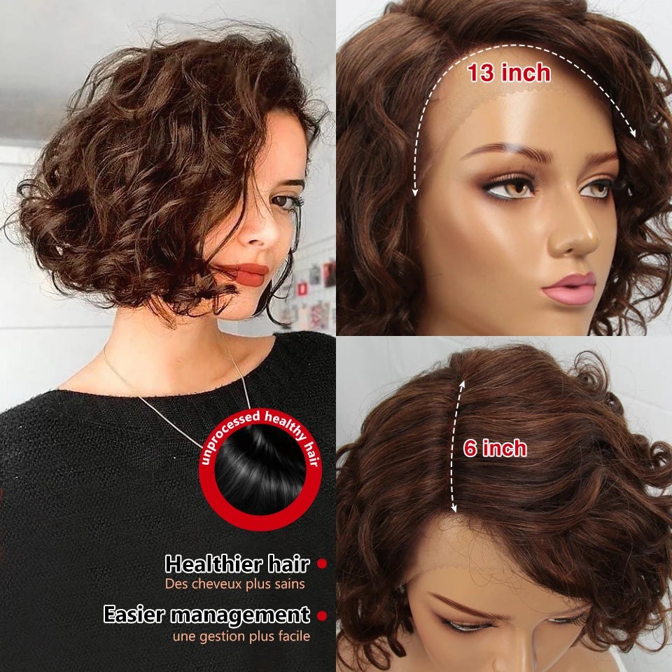 Short Curly Wave Bob Transparent Lace Front Human Hair Wigs - Various Colors Available