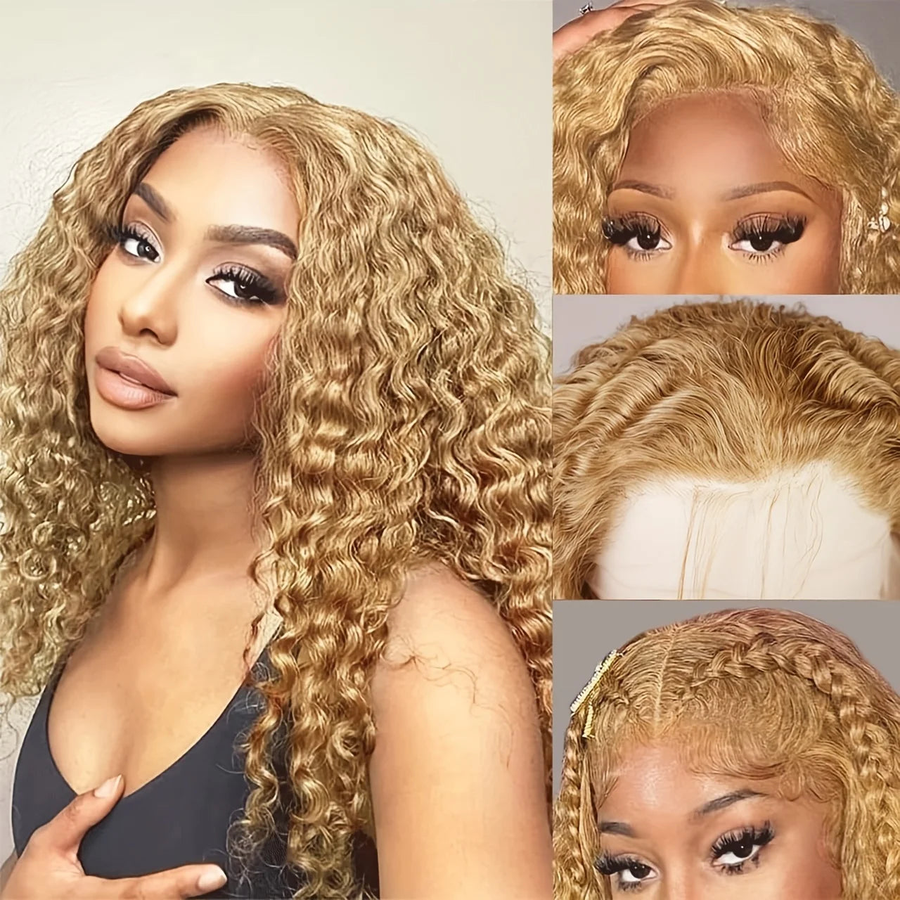 Curly Wave Honey Blonde Human Hair Lace Frontal Wig