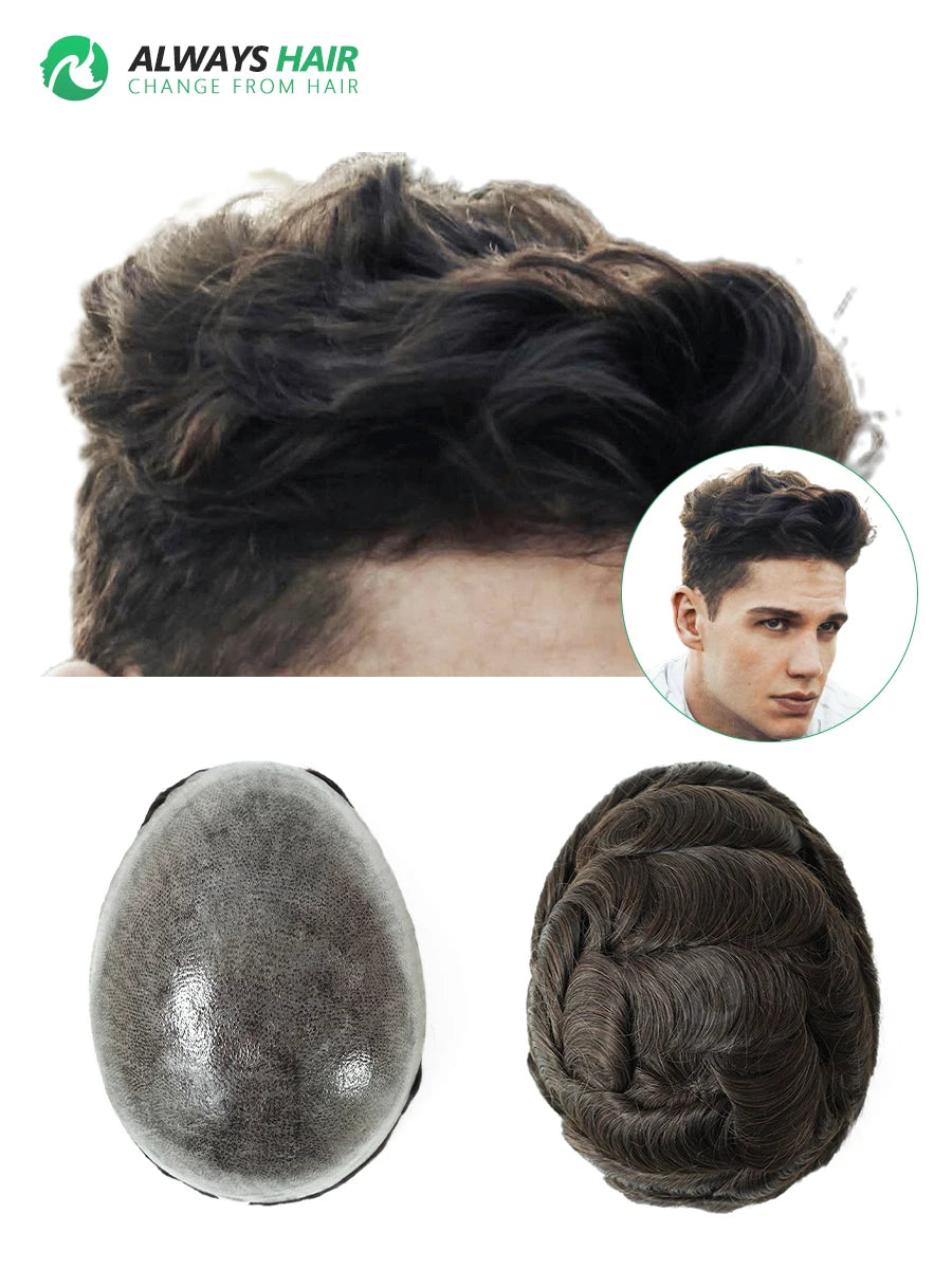 0.12-0.14mm PU Toupee Human Hair Men's Capillary Prothesis 130% Density - Various Colors Available