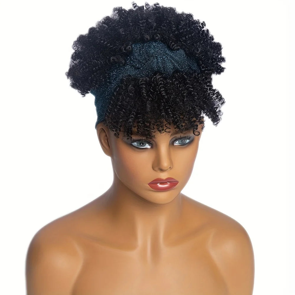 Short Kinky Curly Headband Synthetic Wigs With Bangs - Various Headband and Hair Colors Available