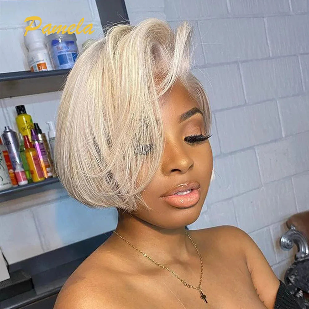 613 Blonde Pixie Cut Straight Short Bob HD Transparent Lace Front Human Hair Wig