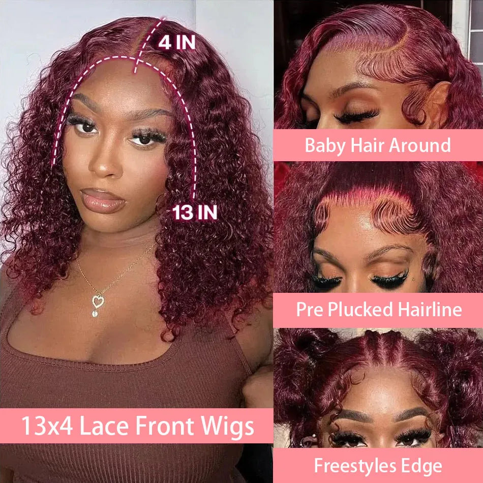 99J Burgundy Short Deep Water Wave Bob 13x4 Lace Front Human Hair Wig