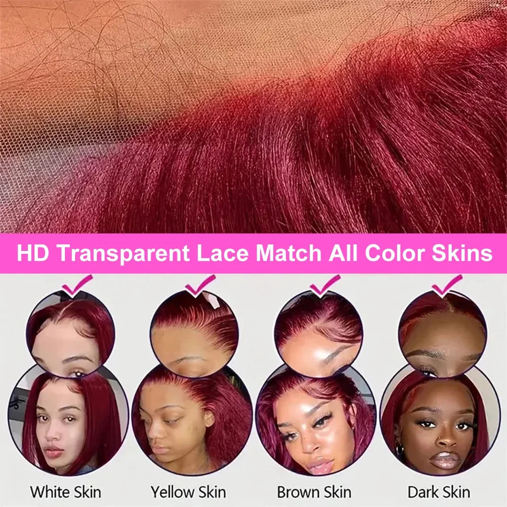 99J Burgundy 13x4 Straight Bob Pre Plucked Pre Cut Transparent Lace Human Hair Glueless Wig