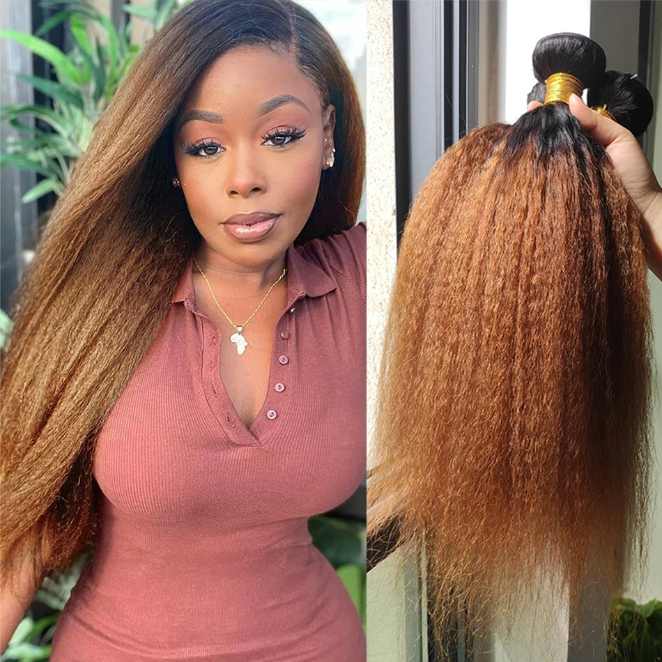 Brazilian Virgin Yaki Kinky Straight Ombre Human Hair Weave Bundles