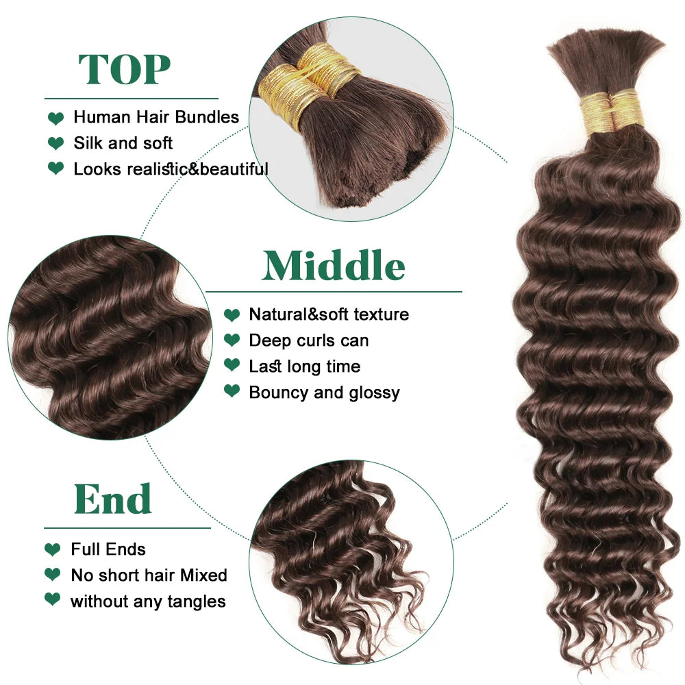 Deep Wave in Various Colors - No Weft Brazilian Virgin Human Hair Human  for Braiding (Boho Braids)