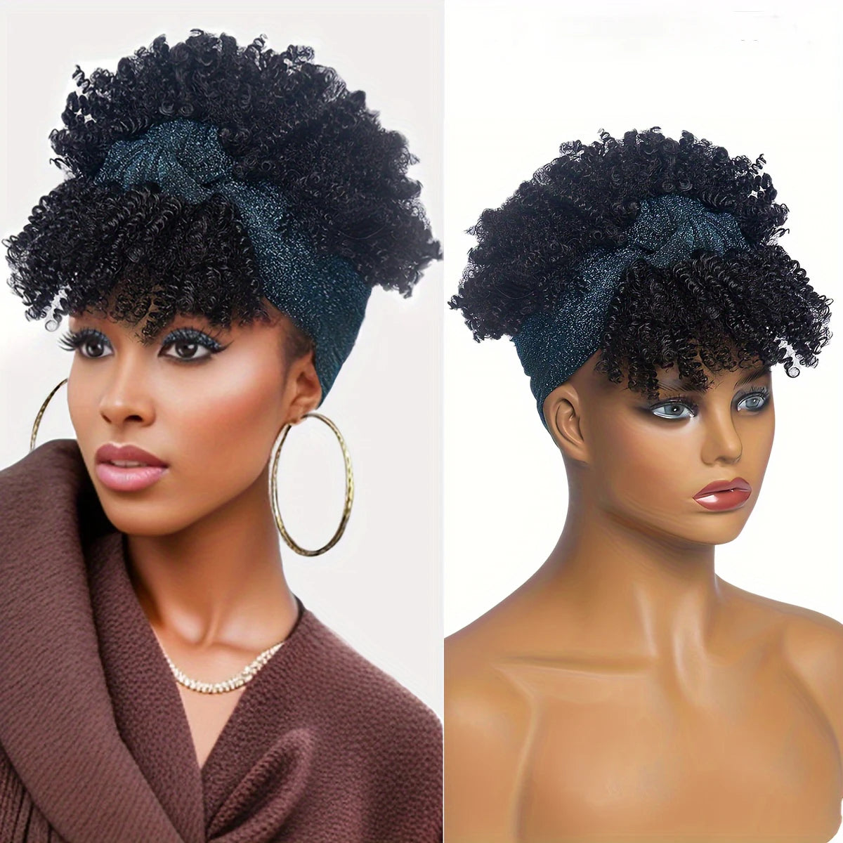 Short Kinky Curly Headband Synthetic Wigs With Bangs - Various Headband and Hair Colors Available