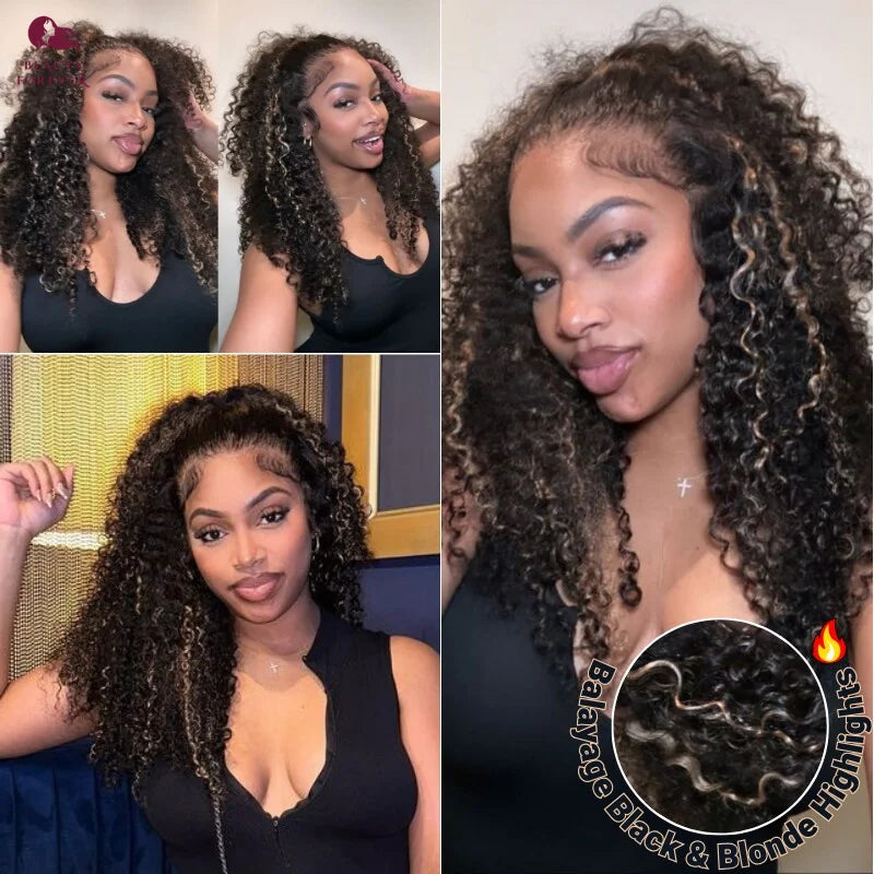 Bye Bye Knots Curly Lace Front Glueless Ready to Wear - Highlights Color Human Hair Wig