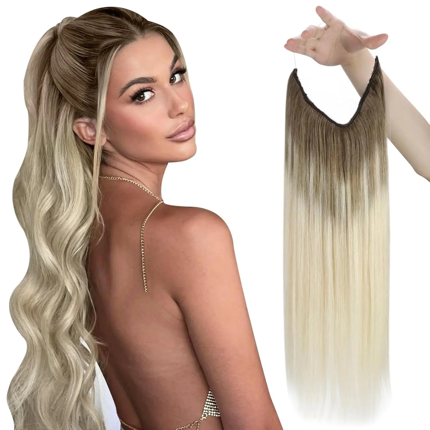 Fish Line Human Hair Extension - One Piece Invisible Wire Hair Weft with 2 Clips