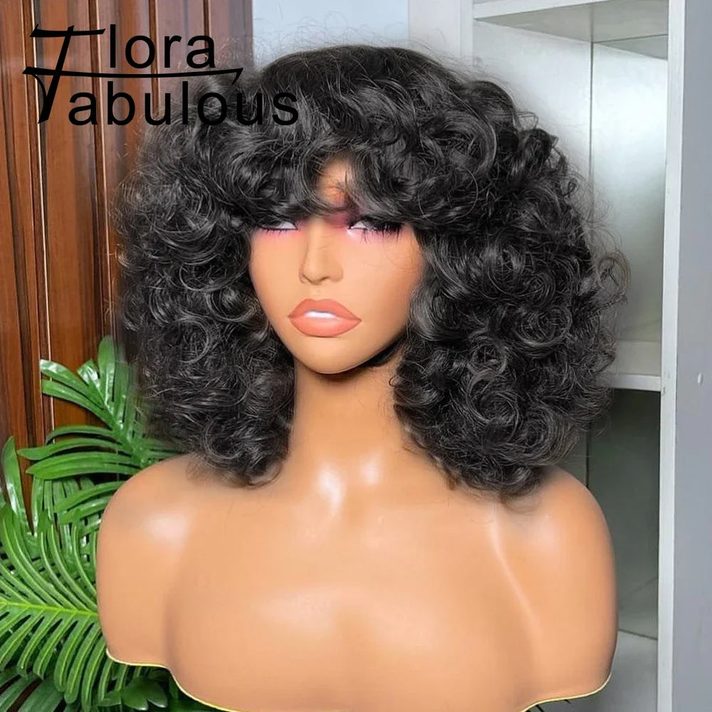 Big Curly Bob Glueless Human Hair Wig With Bangs