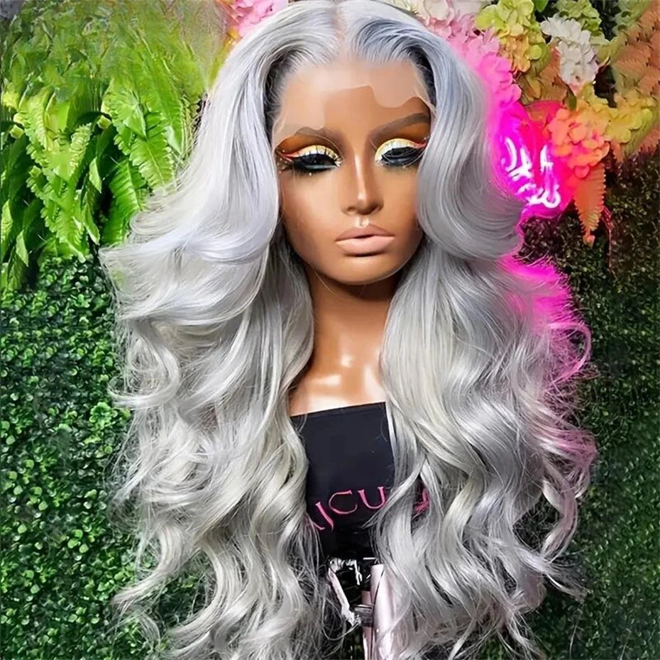 Silver Grey Brazilian Bone Straight or Body Wave - Pre Plucked Lace Front Human Hair Wig